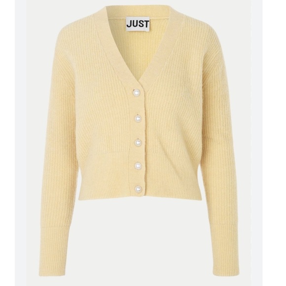 Just Female Light Yellow Rebelo Wool Alpaca Pearl V Neck Cardigan Sweater Large - Picture 4 of 10